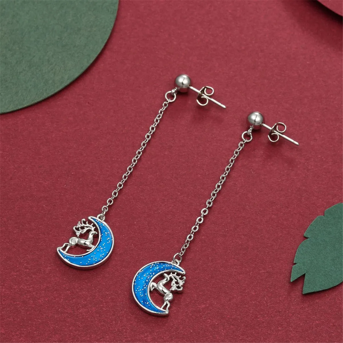 Cubic Zirconia & Sterling Silver Reindeer Moon Drop Earrings