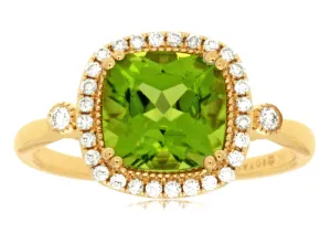 Cushion Cut Peridot and Diamond Halo Ring