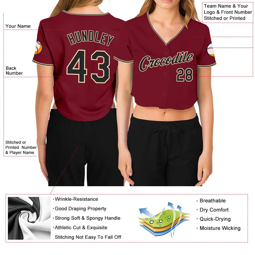 Custom Women's Crimson Black-Cream V-Neck Cropped Baseball Jersey