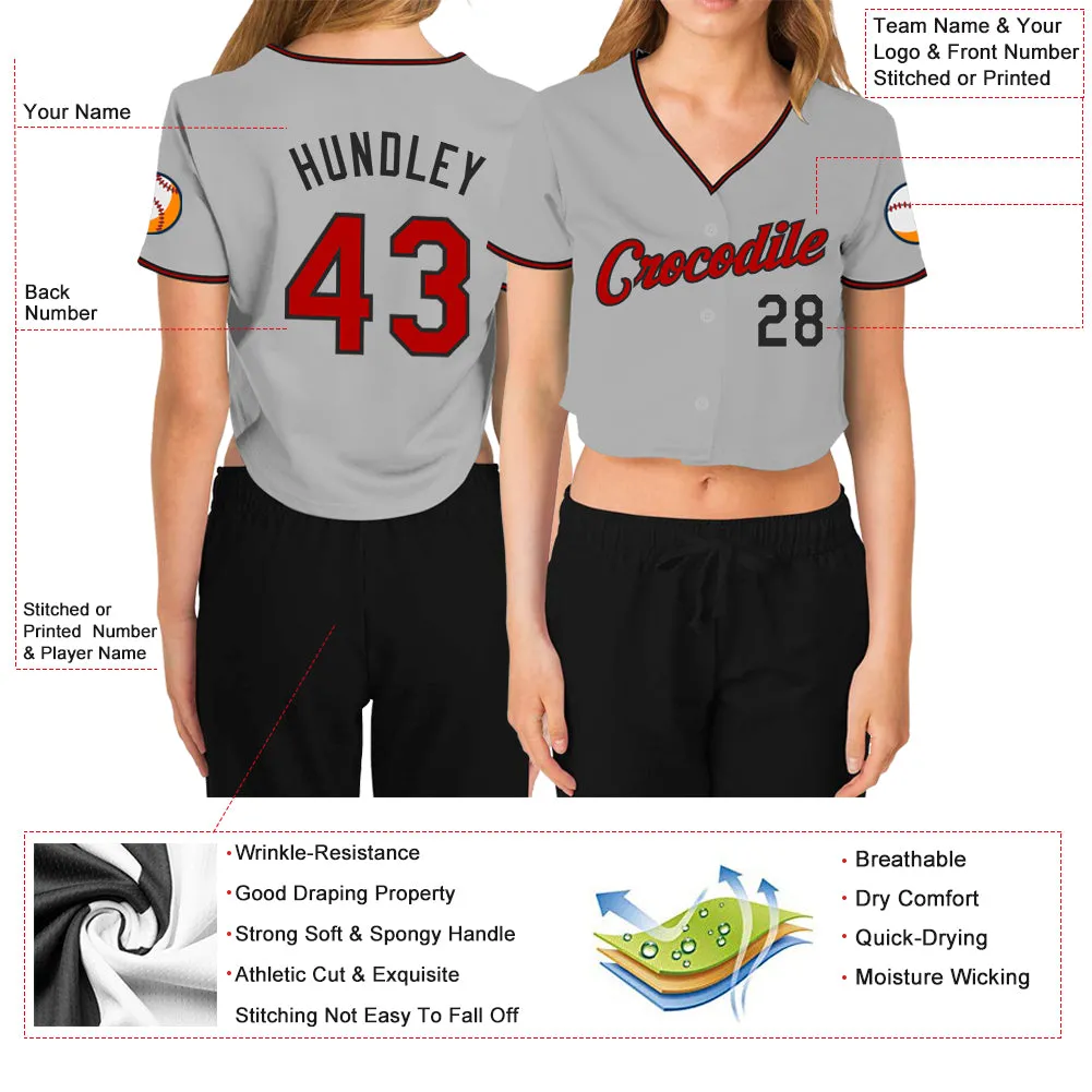 Custom Women's Gray Red-Black V-Neck Cropped Baseball Jersey