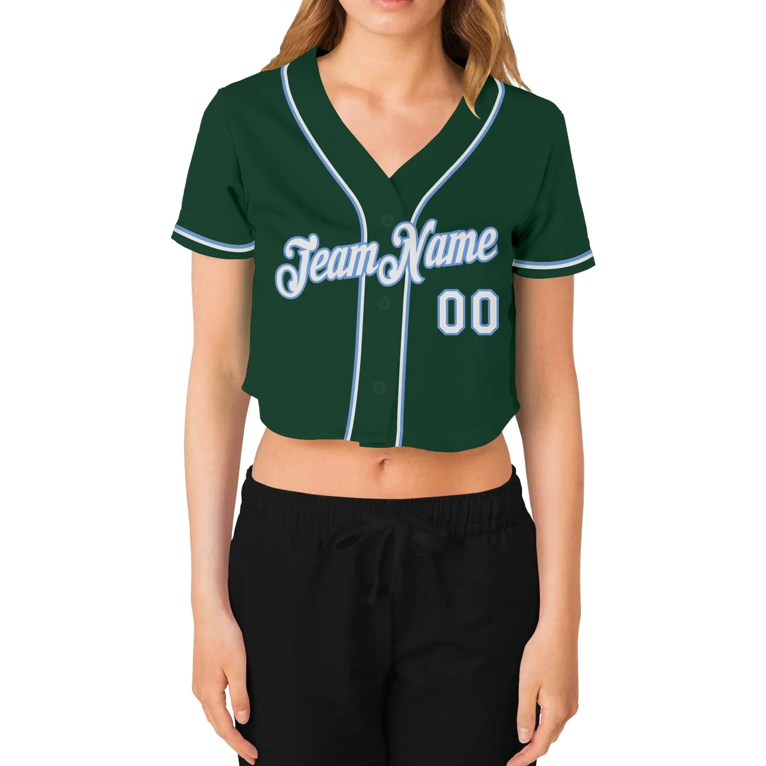 Custom Women's Green White-Light Blue V-Neck Cropped Baseball Jersey