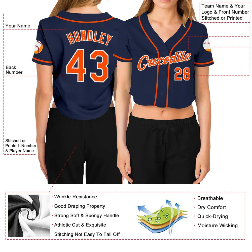 Custom Women's Navy Orange-White V-Neck Cropped Baseball Jersey