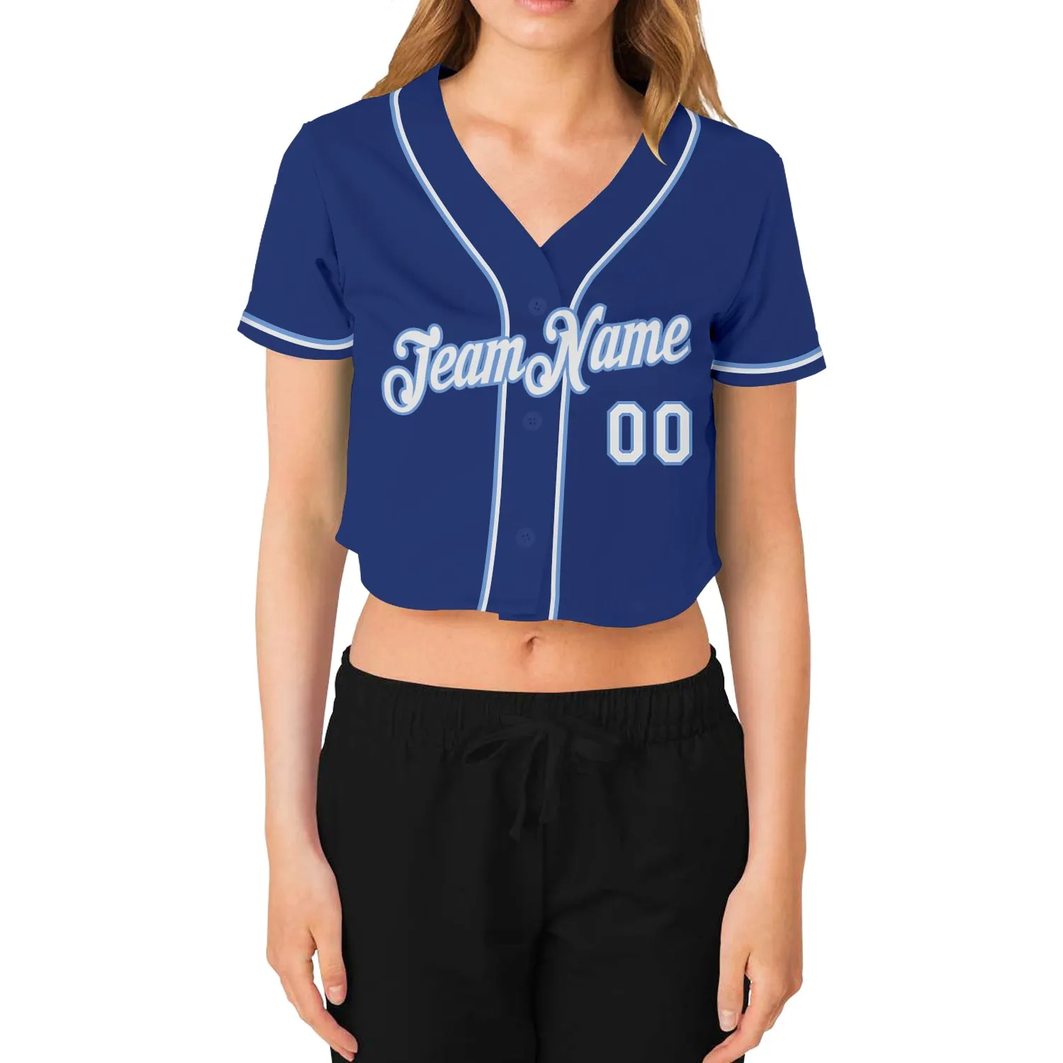 Custom Women's Royal White-Light Blue V-Neck Cropped Baseball Jersey