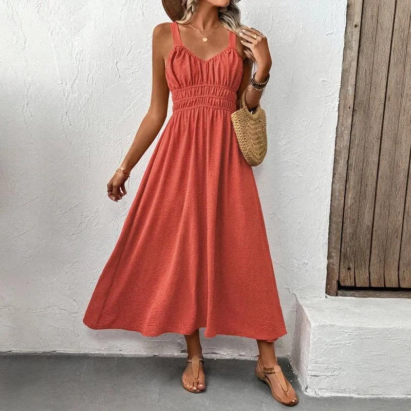 Dark Clay Sleeveless Halter Textured Pleated Casual Dress