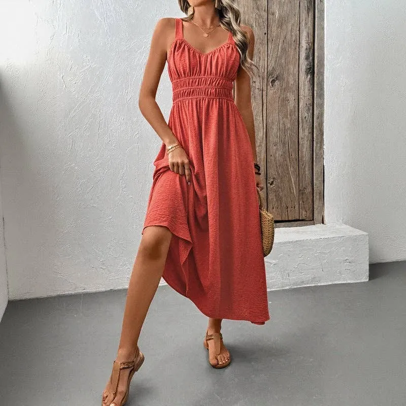 Dark Clay Sleeveless Halter Textured Pleated Casual Dress