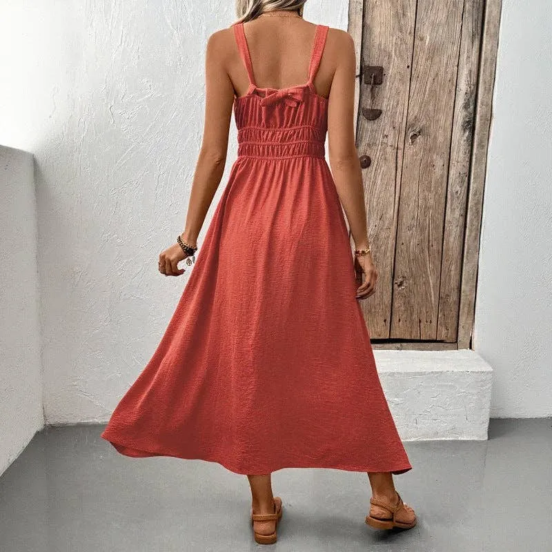 Dark Clay Sleeveless Halter Textured Pleated Casual Dress