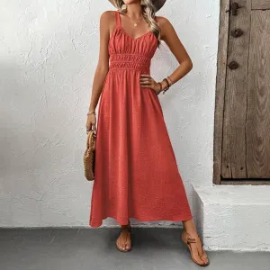 Dark Clay Sleeveless Halter Textured Pleated Casual Dress
