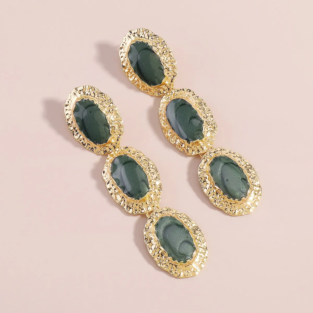 Dark Green Enamel & 18K Gold-Plated Textured Oval Trio Drop Earrings