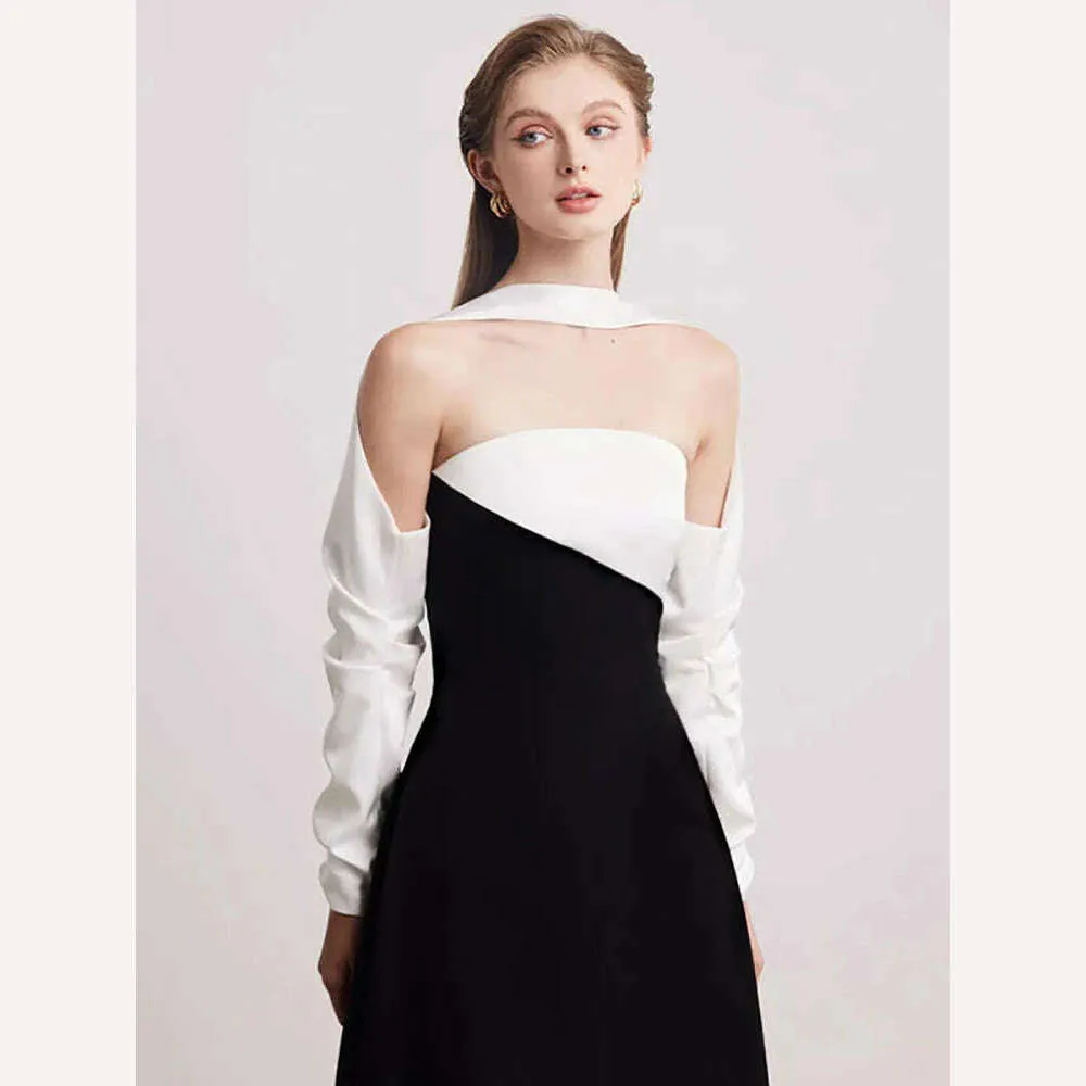 DEAT Elegant Dress Strapless Off Shoulder Contrast Color Asymmetric Women's Party Halter Dress 2024 Summer New Fashion 13DB4516