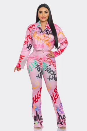 Denim Graphic Pink Print Set | Bold Two-Piece Women's Outfit (C13)