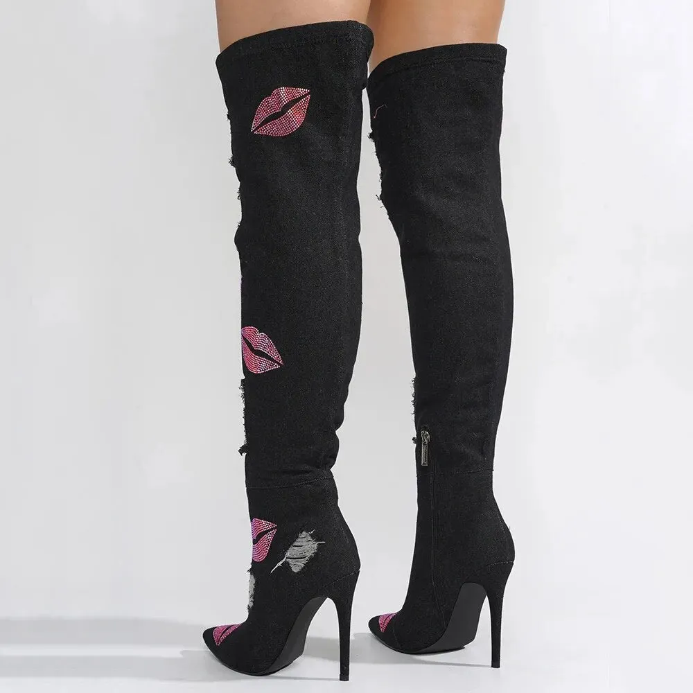 Distressed Denim Over-The-Knee Boot