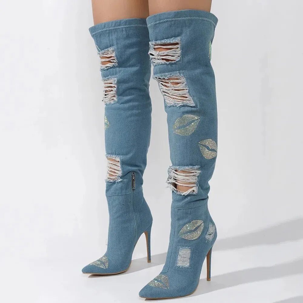 Distressed Denim Over-The-Knee Boot