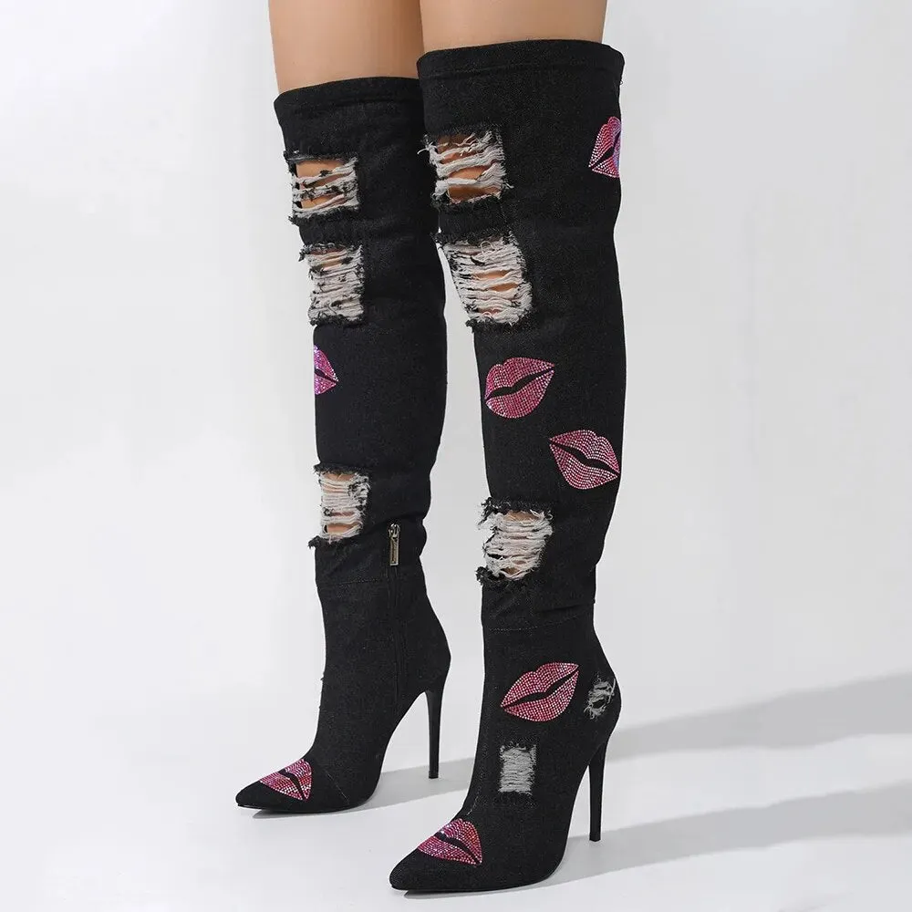 Distressed Denim Over-The-Knee Boot