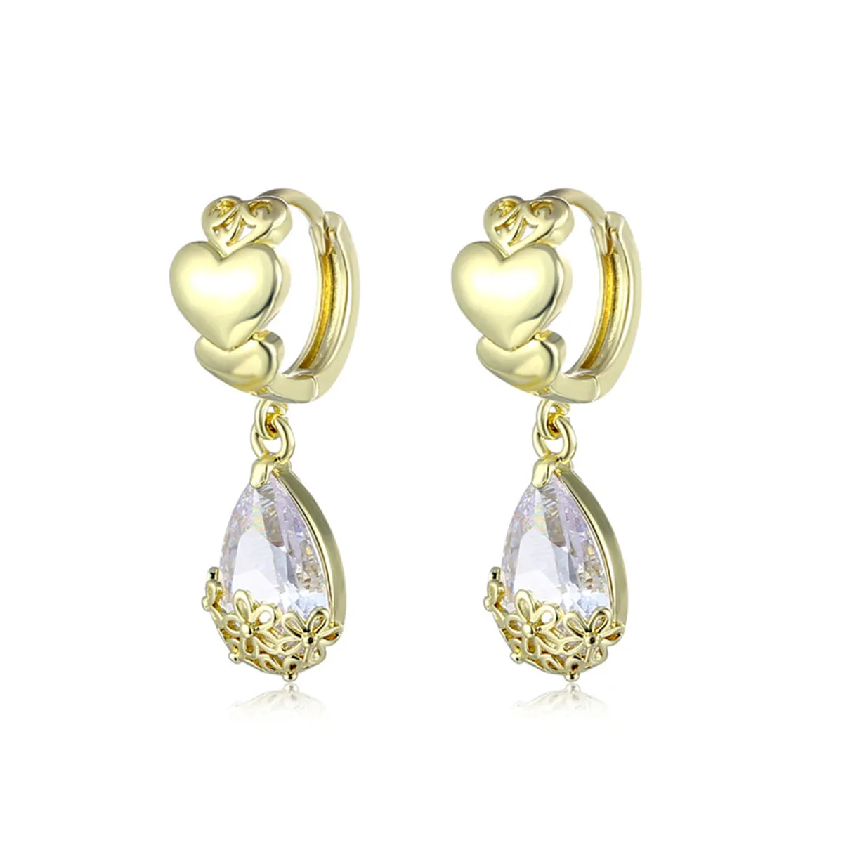Drop-Shape Crystal & 18K Gold-Plated Heart Huggie Earrings