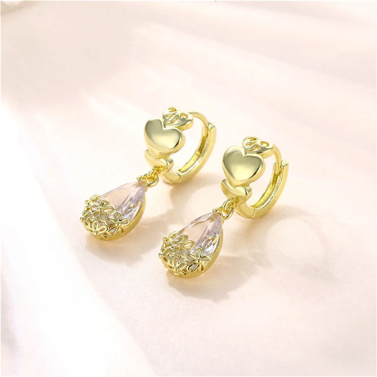 Drop-Shape Crystal & 18K Gold-Plated Heart Huggie Earrings