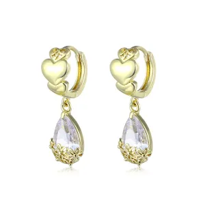 Drop-Shape Crystal & 18K Gold-Plated Heart Huggie Earrings