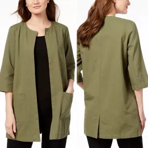 Eileen Fisher‎ Collarless Organic Cotton Olive Green Jacket Women's Size Medium