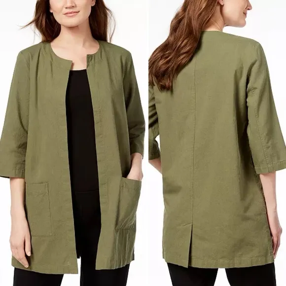 Eileen Fisher‎ Collarless Organic Cotton Olive Green Jacket Women's Size Medium