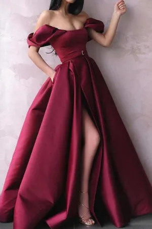 Elegant A Line Off Shoulder Burgundy Satin Long Slit Prom Dress Evening Dress OHC391