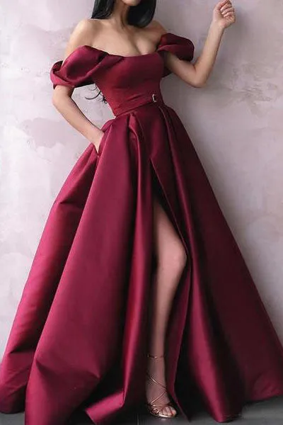 Elegant A Line Off Shoulder Burgundy Satin Long Slit Prom Dress Evening Dress OHC391