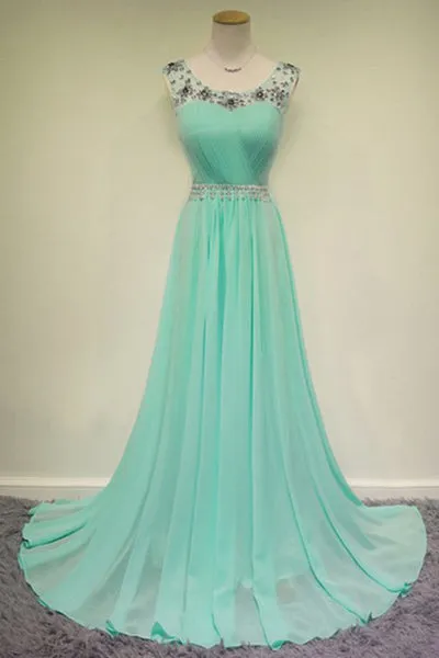 Elegant Scoop Court Train Beading Chiffon Green Long Evening/Prom Dress LPD073