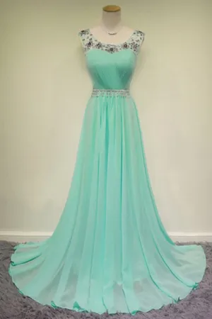 Elegant Scoop Court Train Beading Chiffon Green Long Evening/Prom Dress LPD073