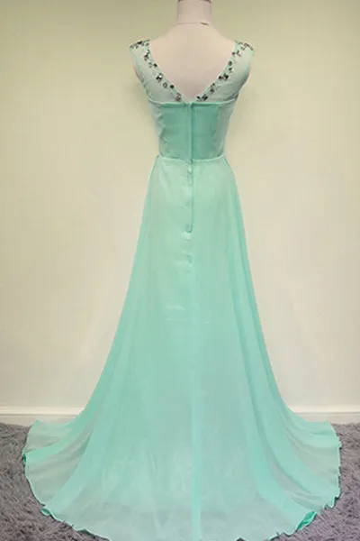 Elegant Scoop Court Train Beading Chiffon Green Long Evening/Prom Dress LPD073
