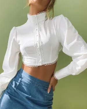 Elegant Single-breasted Mandarin High Collar Shirts Crop Tops