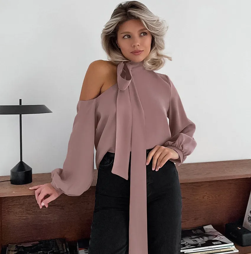 Elegant Women's Satin Bow Collar Irregular Blouse