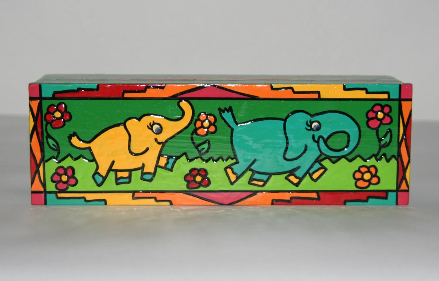 Elephant Pencil Box Wood Hand Carved  Painted Vibrant Colors South Africa 8.5"W X 2.75"D X 2.50"H