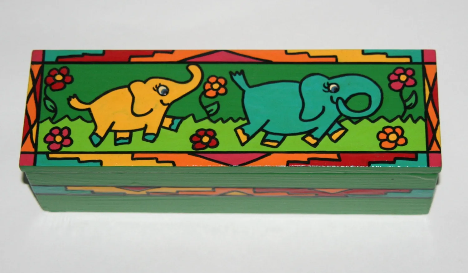 Elephant Pencil Box Wood Hand Carved  Painted Vibrant Colors South Africa 8.5"W X 2.75"D X 2.50"H