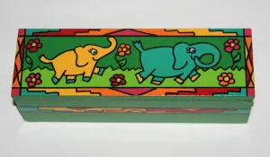 Elephant Pencil Box Wood Hand Carved  Painted Vibrant Colors South Africa 8.5"W X 2.75"D X 2.50"H