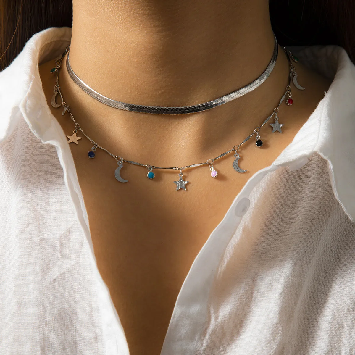 Enamel & Silver-Plated Celestial Station Necklace Set