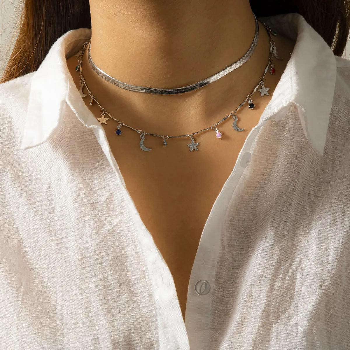 Enamel & Silver-Plated Celestial Station Necklace Set