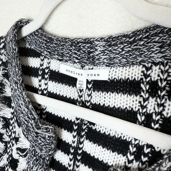 Endless Rose Open Front Striped Fringe Cardigan Sweater Size M/L Black White
