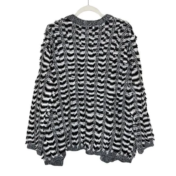 Endless Rose Open Front Striped Fringe Cardigan Sweater Size M/L Black White