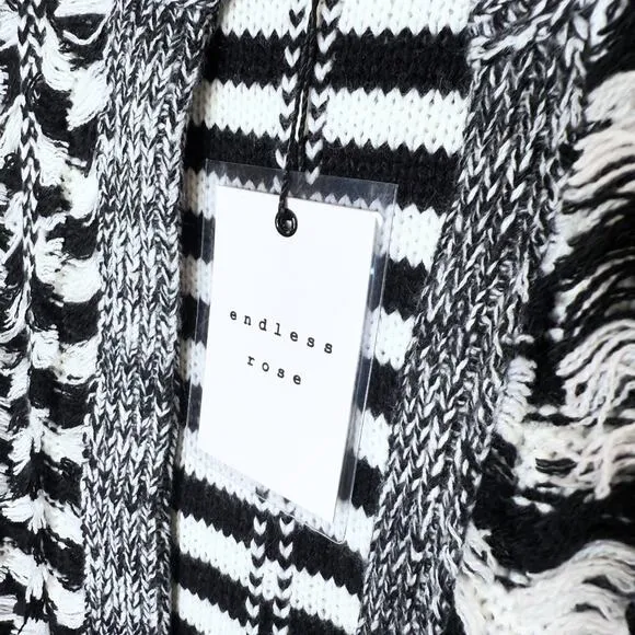 Endless Rose Open Front Striped Fringe Cardigan Sweater Size M/L Black White
