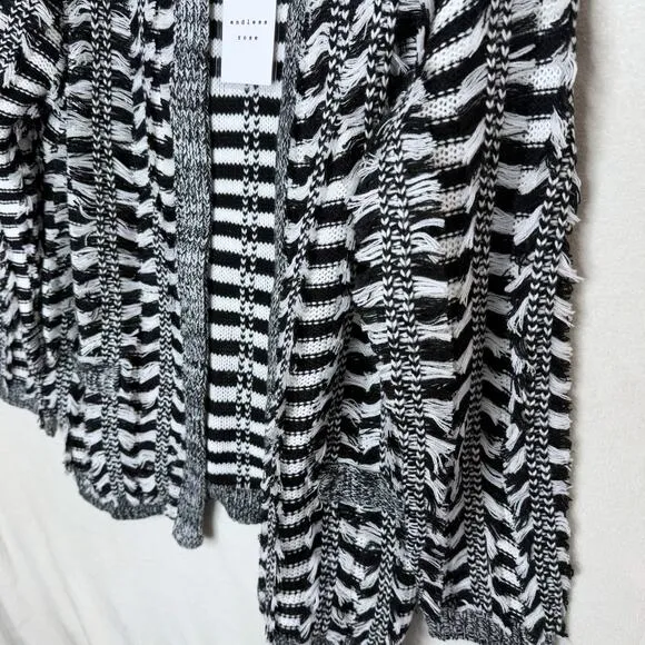 Endless Rose Open Front Striped Fringe Cardigan Sweater Size M/L Black White