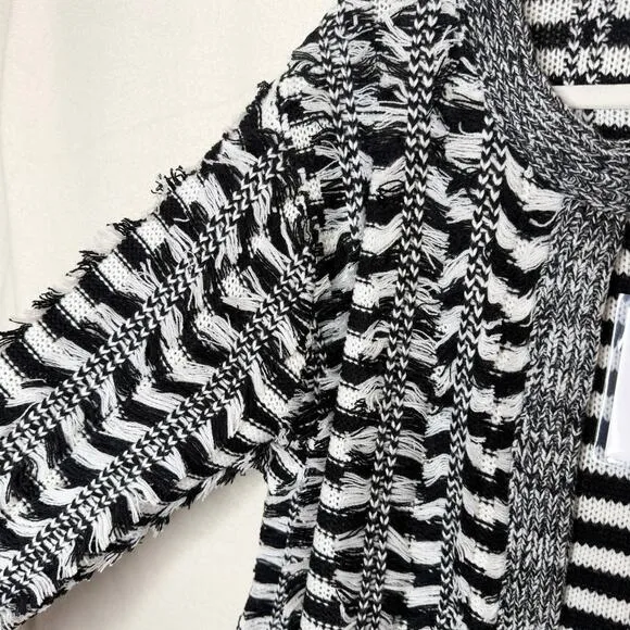Endless Rose Open Front Striped Fringe Cardigan Sweater Size M/L Black White