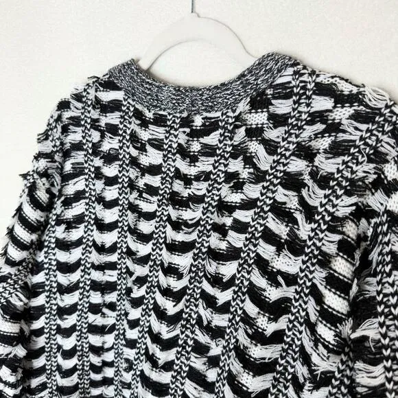 Endless Rose Open Front Striped Fringe Cardigan Sweater Size M/L Black White