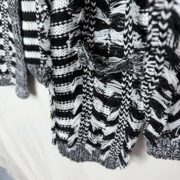 Endless Rose Open Front Striped Fringe Cardigan Sweater Size M/L Black White