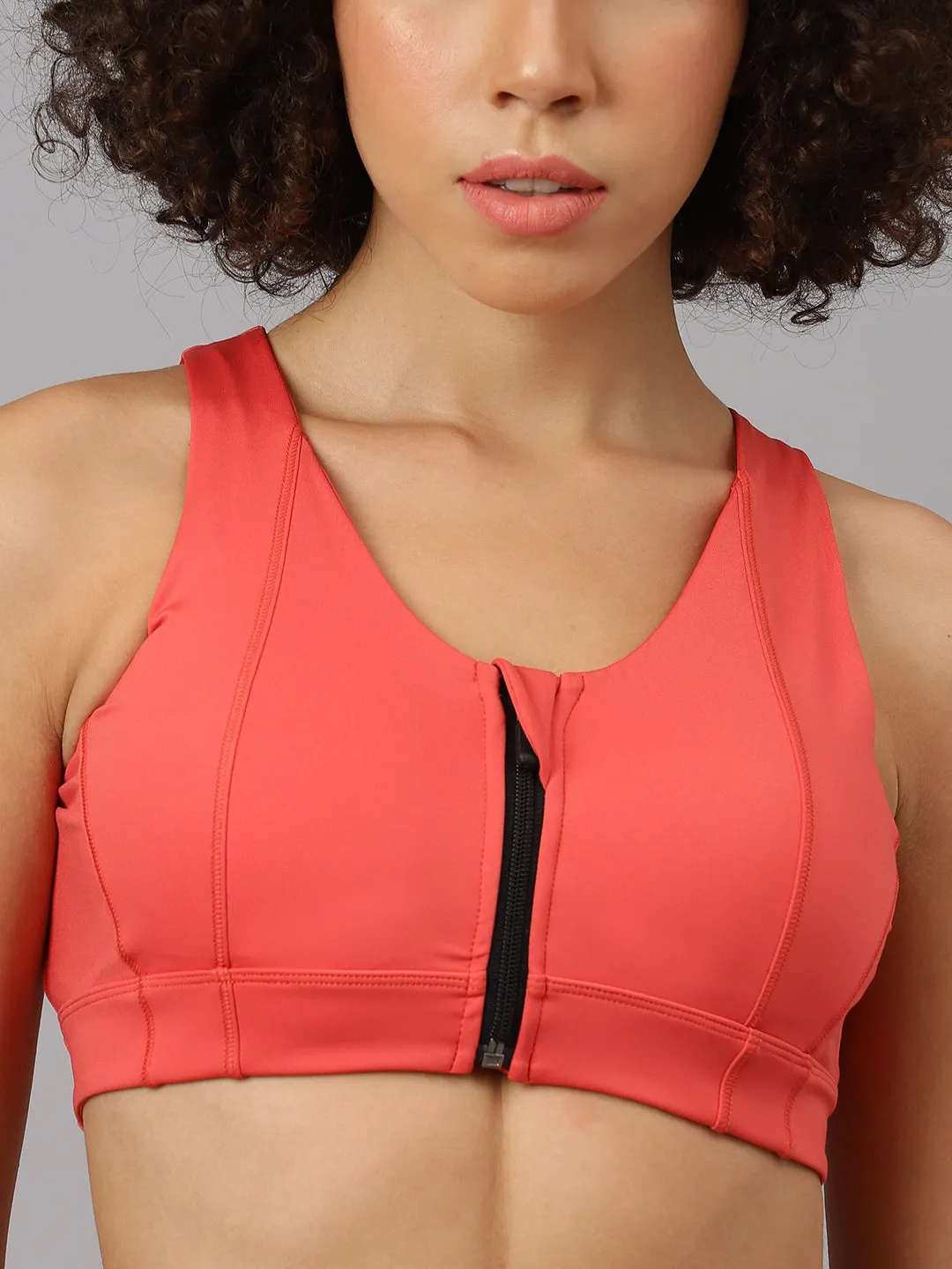 Fitkin Women's Coral Front Zipper Sports Bra