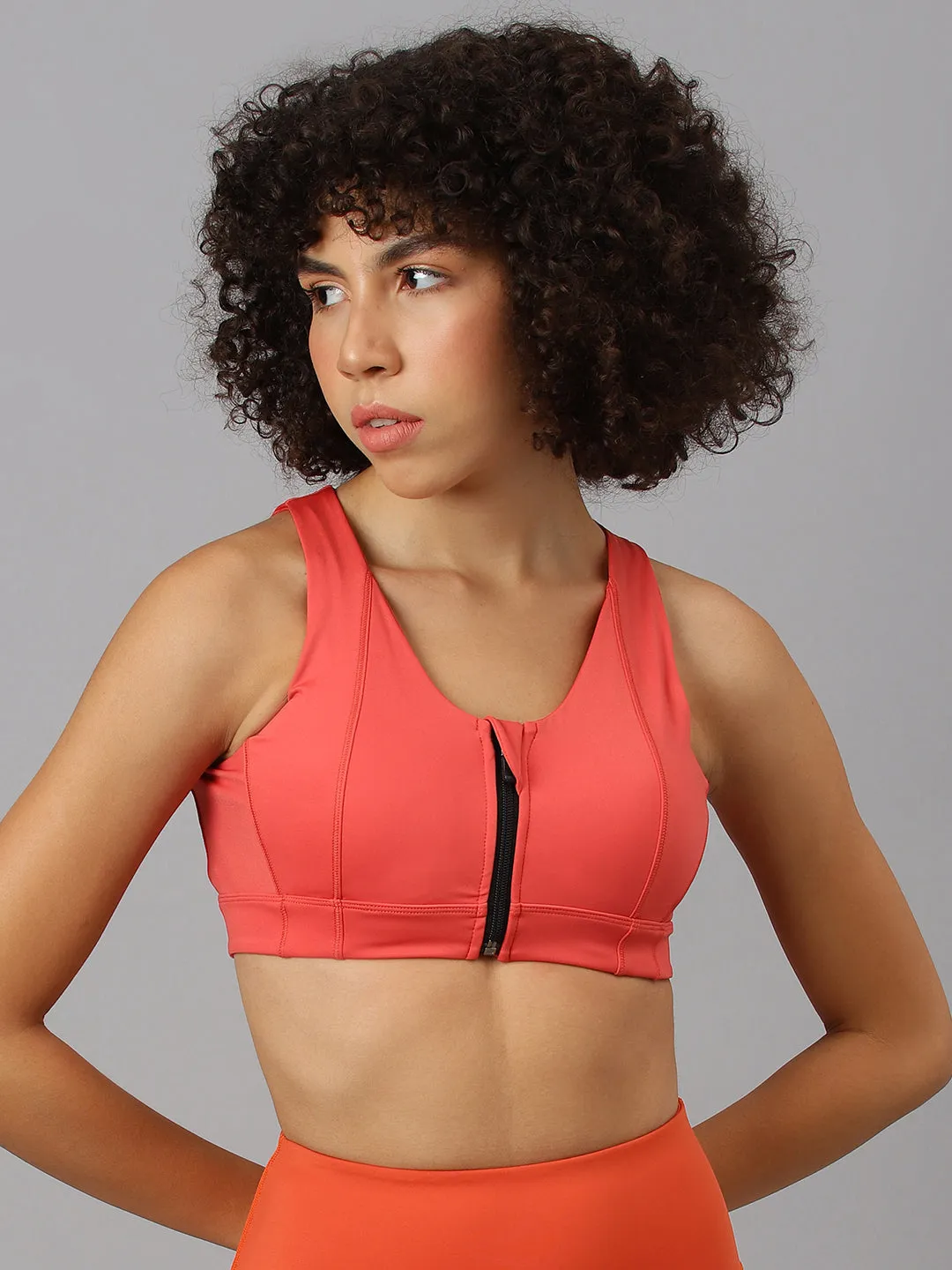 Fitkin Women's Coral Front Zipper Sports Bra