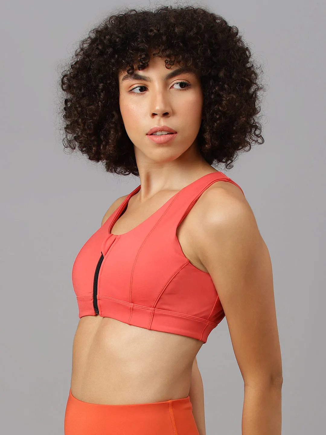 Fitkin Women's Coral Front Zipper Sports Bra
