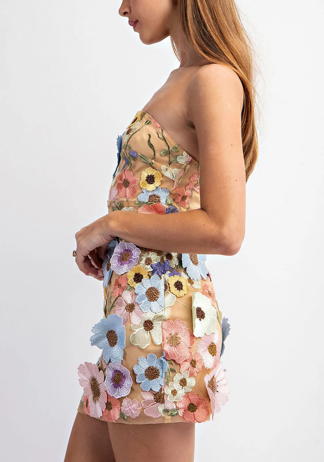 Flower 3D Embroidery Tube Mini Dress