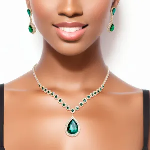 Formal Necklace Green Teardrop Bling Set