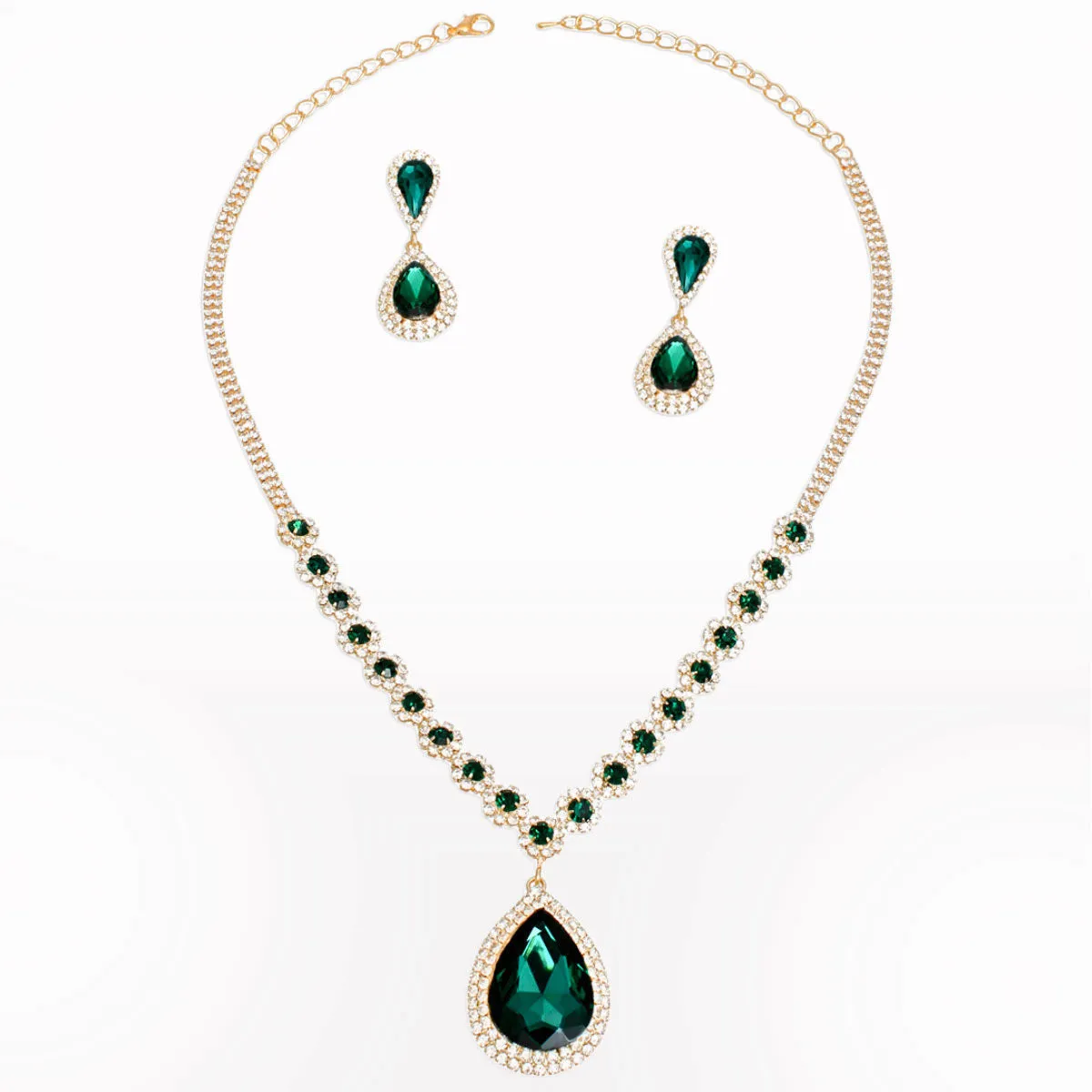 Formal Necklace Green Teardrop Bling Set