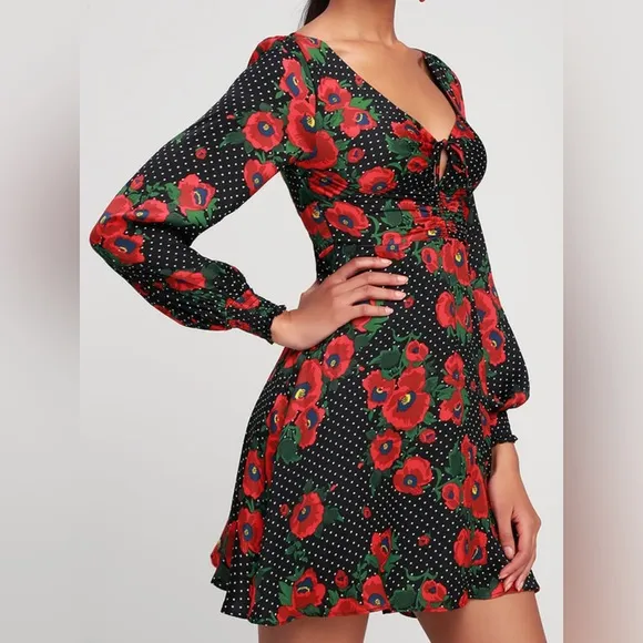 Free People Floral Black and Red Women's Dress size 10