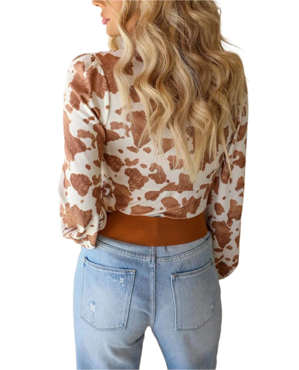 Full Time Purchase Women's Shirt - White Cow Print Deep V Neck Long Sleeve Bodysuit