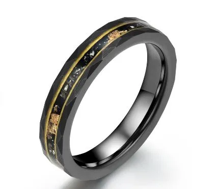 Galactic Gold Ring - Hammered Tungsten Meteorite Gold Leaf 4MM